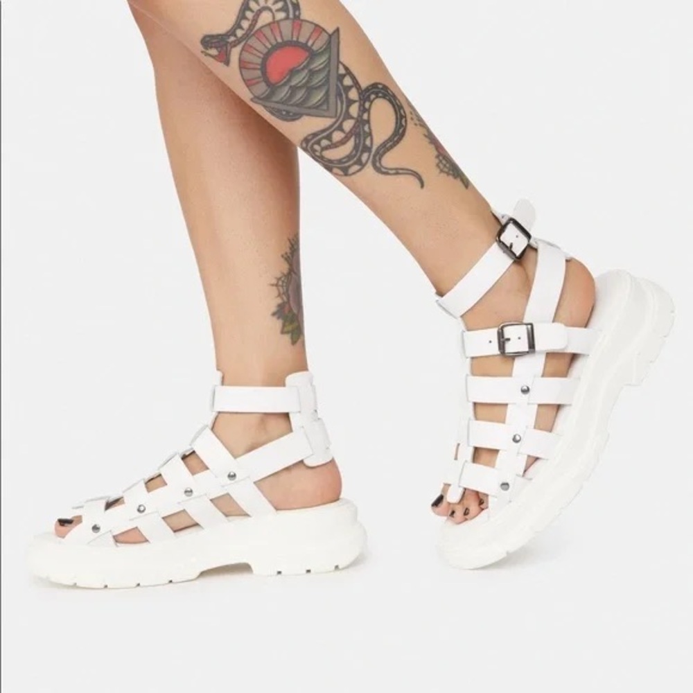White Leather Gladiator Platform Sandals - Women's Chunky Strappy Sandals